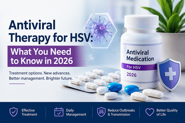 Antiviral medication for HSV — pill bottle labelled For HSV 2026 surrounded by tablets